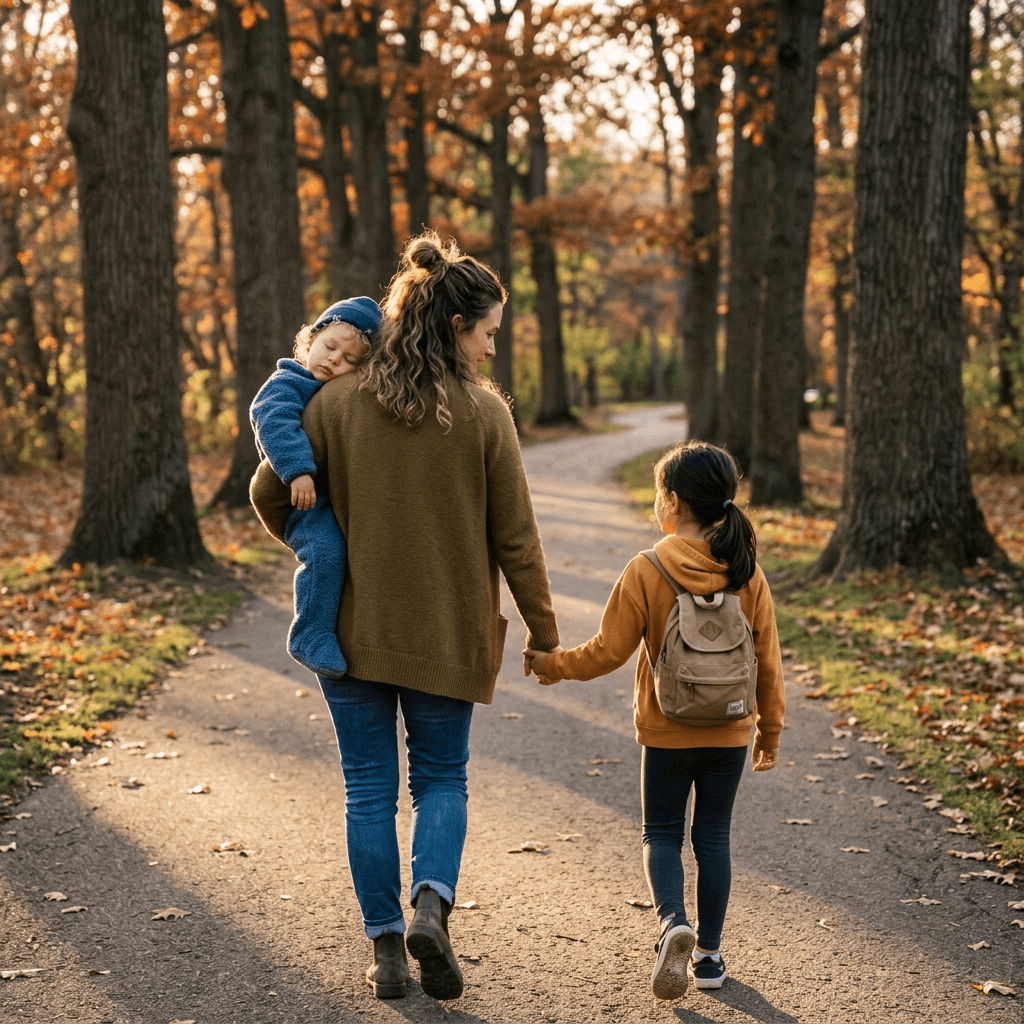 Mother carrying sleeping toddler and holding hand of older child walking on tree-lined path