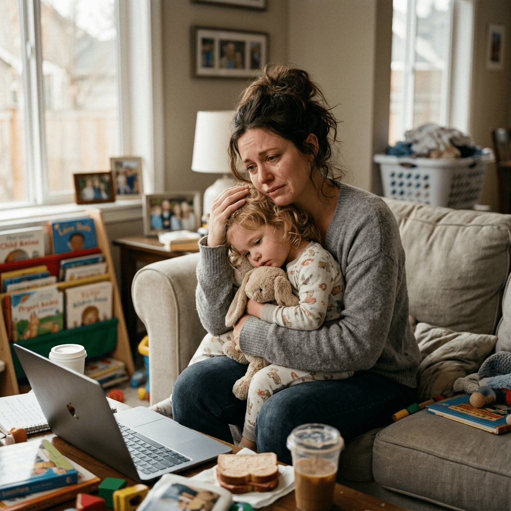 Mother comforting young child holding a stuffed bunny while sitting on a couch