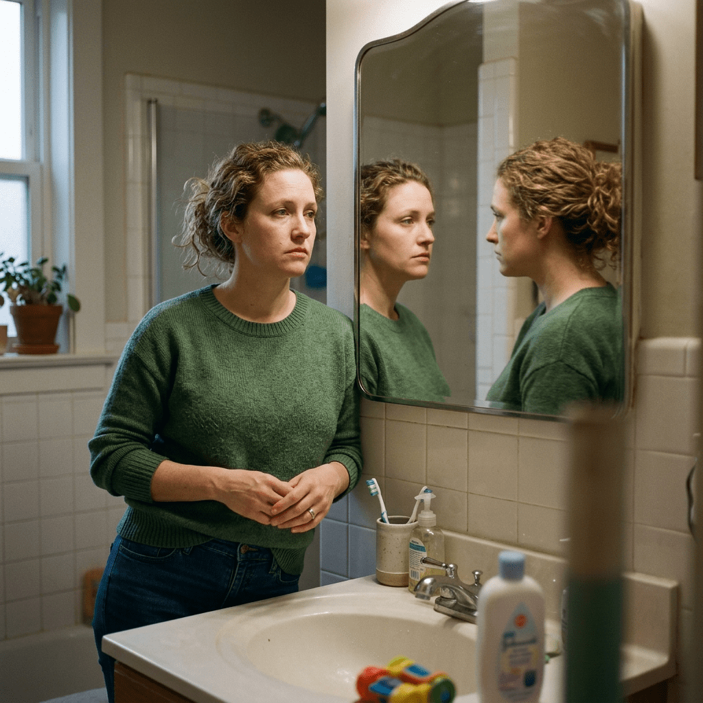 Woman in green sweater looking at herself in bathroom mirror with a thoughtful expression